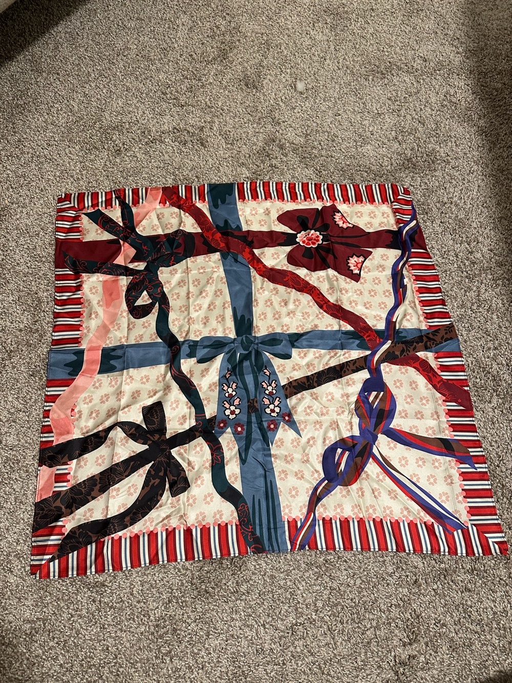 Square Silk Scarf with Ribbon Motif - Red, Blue, Cream